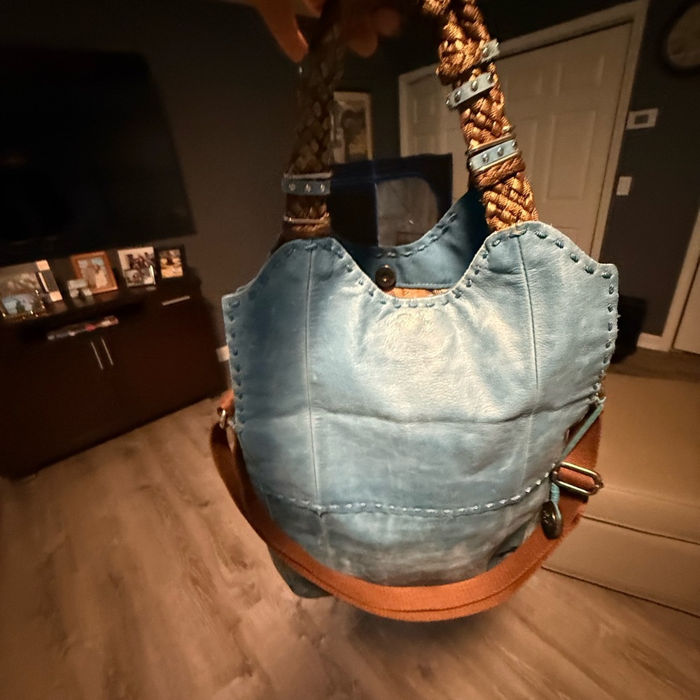 The Sak Blue Leather Shoulder Bag with Braided Handle